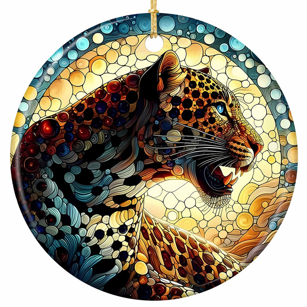 Snarling Big Cat Split Half Rosetted Gold and Half Black, Built From Thousands of Mosaic Dots. Ceramic Keepsake.
