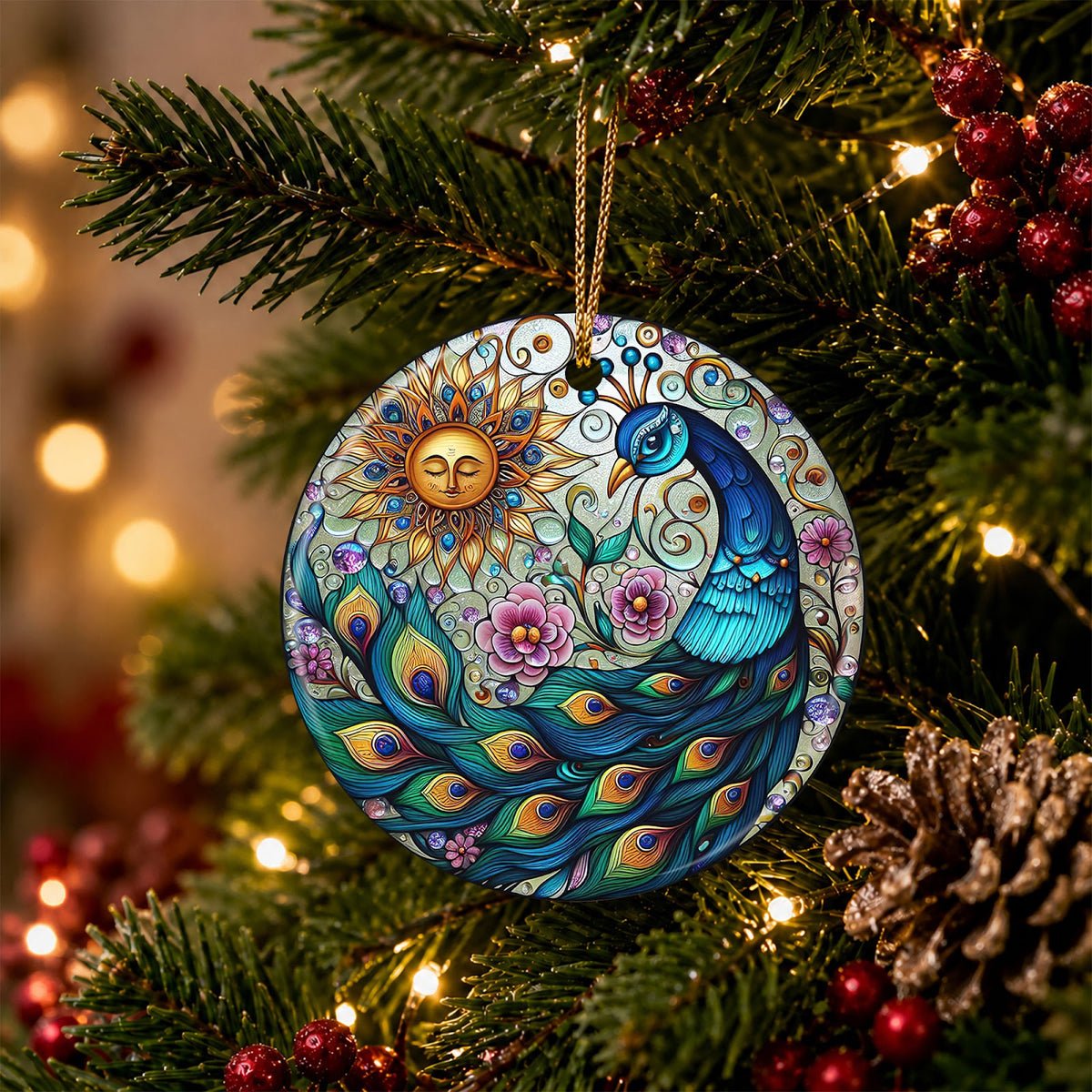 Peacock Christmas Ornament, Stained Glass Sun Boho Gift, Ceramic Hanging Tree Decoration