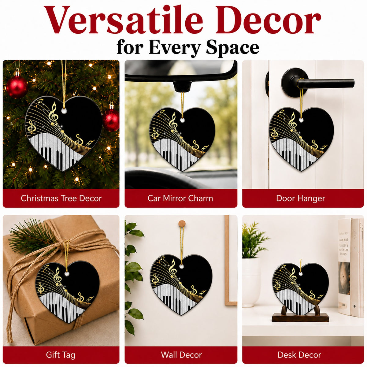 Music Christmas Ornament, Heart Treble Clef Piano Gift, Ceramic Hanging Tree Decoration
