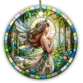 Winged Fairy in a Flower Crown Before a Leaded Glass Birch Forest. Ceramic Keepsake for Fantasy Lovers.