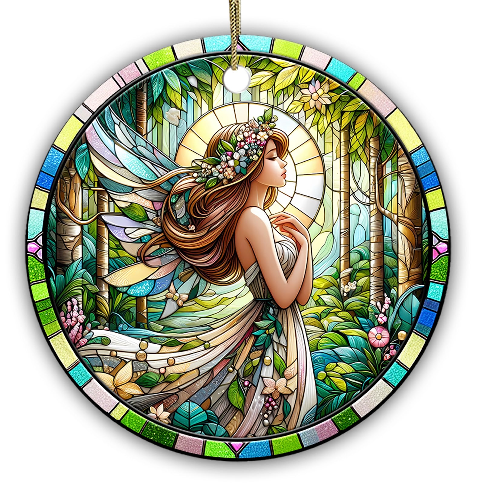 Winged Fairy in a Flower Crown Before a Leaded Glass Birch Forest. Ceramic Keepsake for Fantasy Lovers.