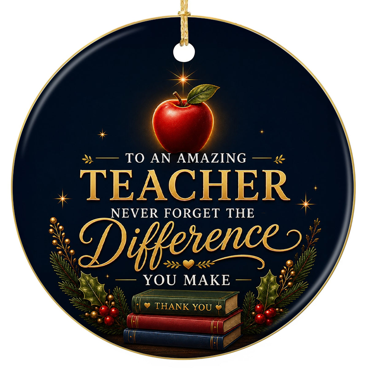 A glossy red apple resting on a stack of three gold-edged books, framed by pine. Ceramic keepsake for classroom teachers