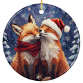 Two Foxes Nuzzling in a Snowy Blue Night, One in Plaid, One in a Santa Hat. Ceramic Keepsake for Couples.