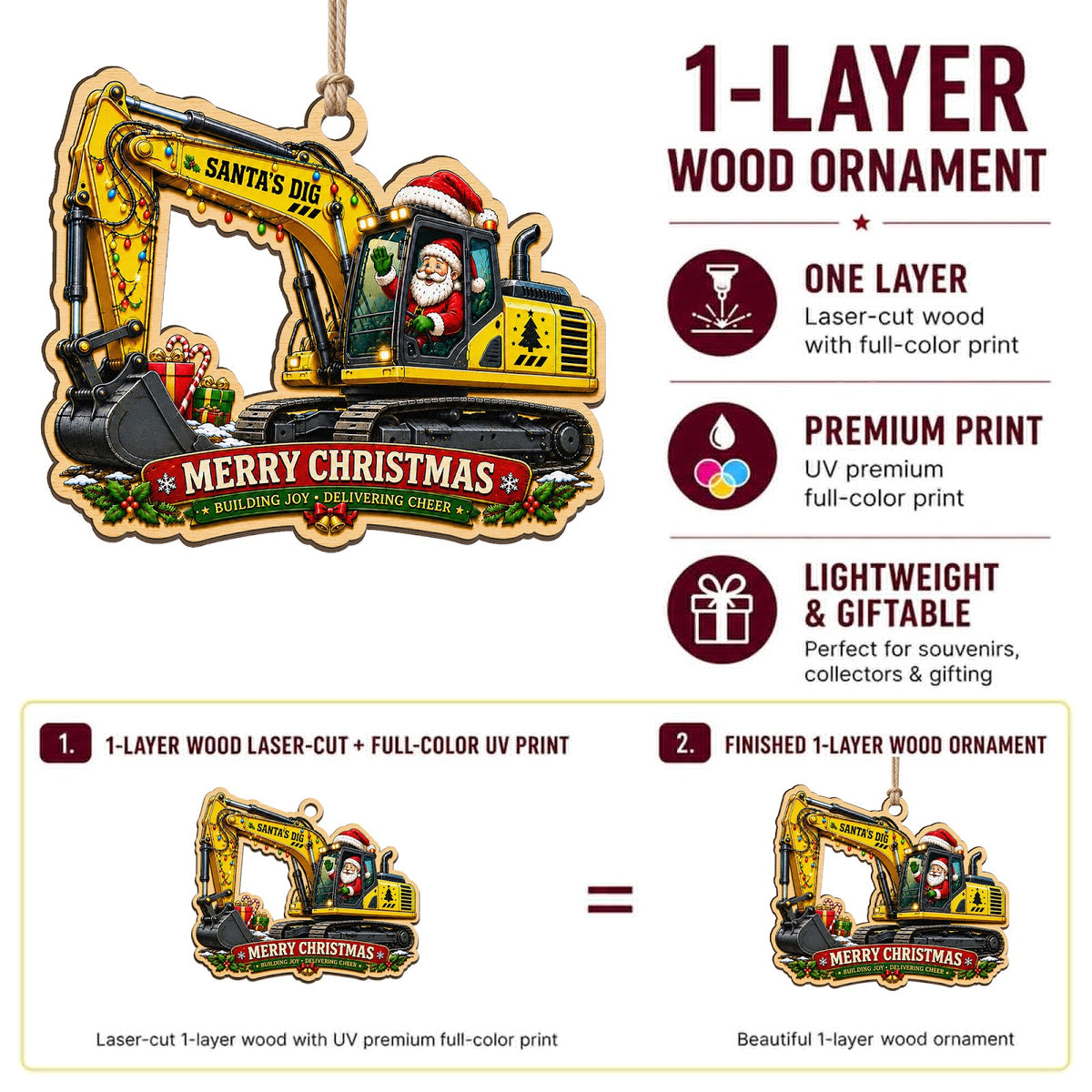 Construction Crew Builder Christmas Ornament, Stocking Stuffer For Builder, Wood Ornament