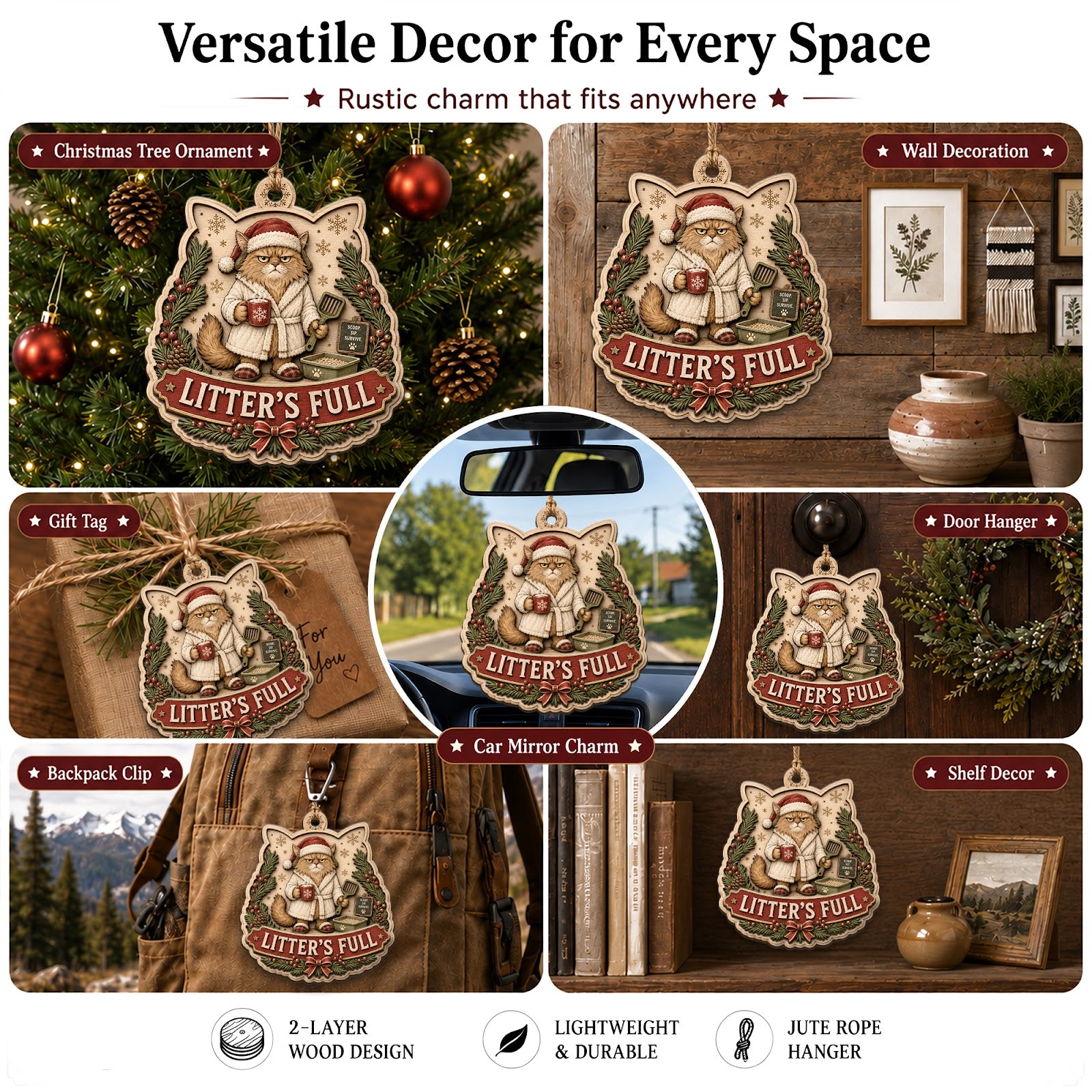 Cat Litter Christmas Ornament, Stocking Stuffer For Cat Mom, Wood Hanging Tree Decoration
