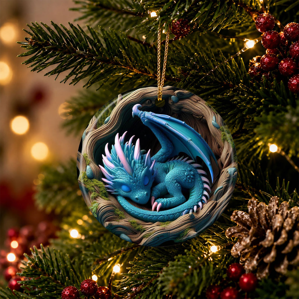 Dragon Christmas Ornament, Baby Dragon Fantasy Nest Gift, Ceramic Hanging Tree Decoration