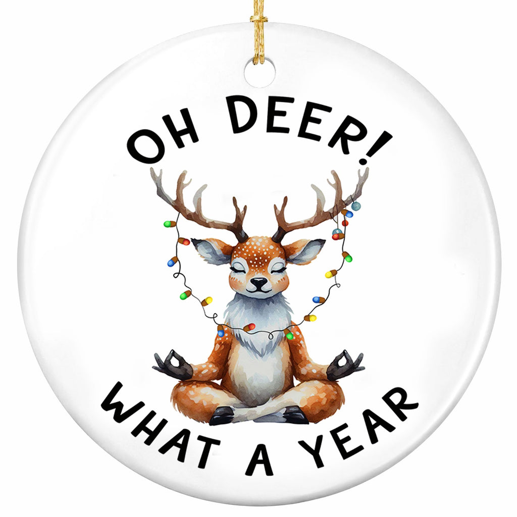 A Buck Sitting in Lotus Pose With Bulb Lights Strung Between Its Antlers. Ceramic Keepsake for a Rough Year.
