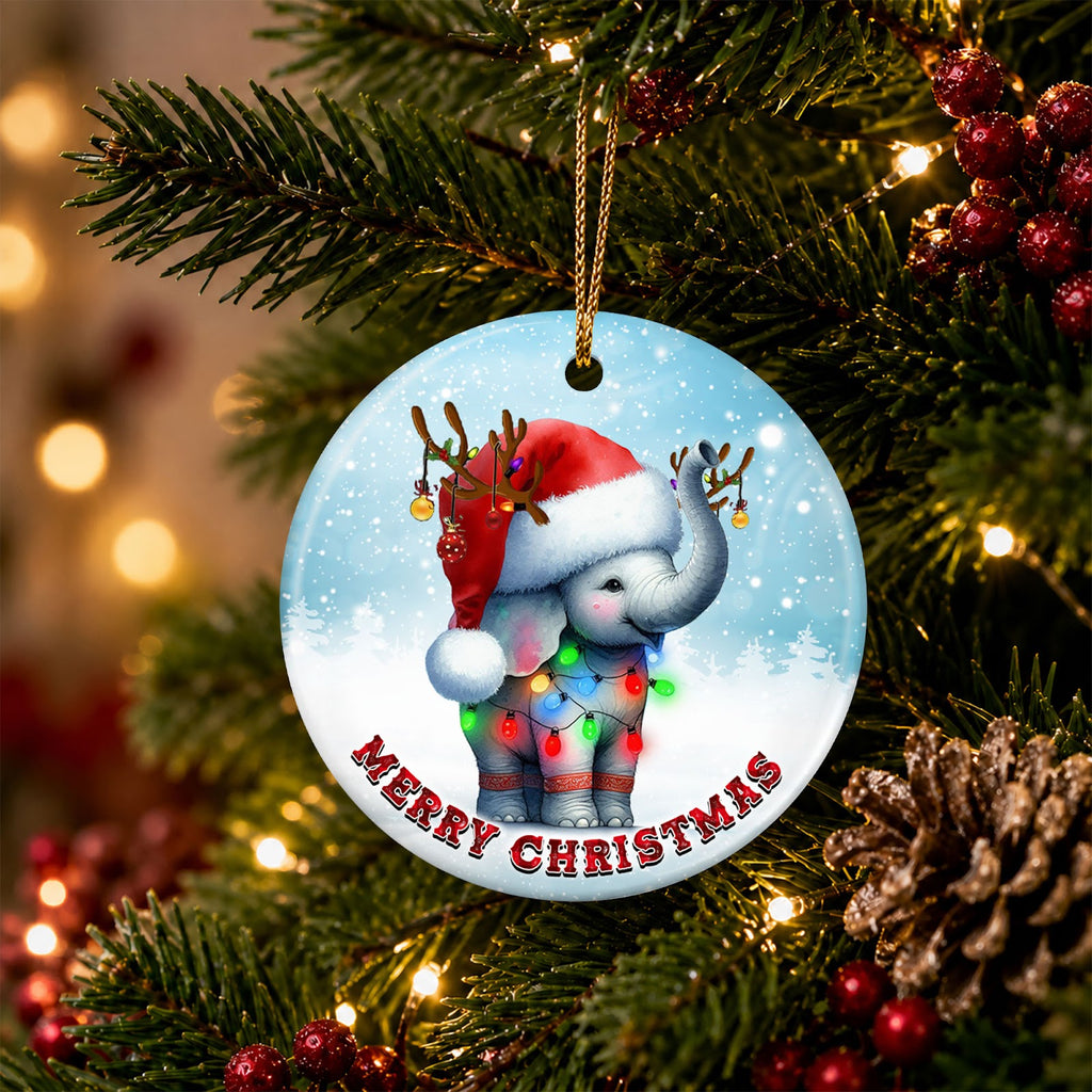 Elephant Christmas Ornament, Santa Hat Antlers Cute Animal Gift, Ceramic Tree Decoration