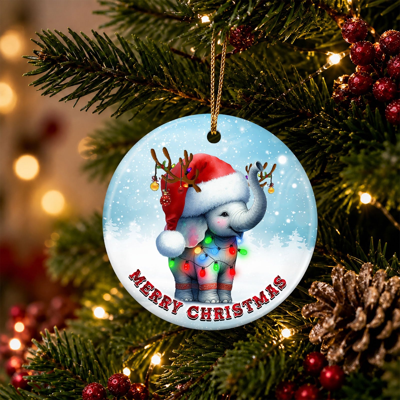 Elephant Christmas Ornament, Santa Hat Antlers Cute Animal Gift, Ceramic Tree Decoration