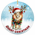 A Golden-Maned Lion in a Santa Hat and Baubled Antlers Draped in Glowing Lights. Ceramic Keepsake.
