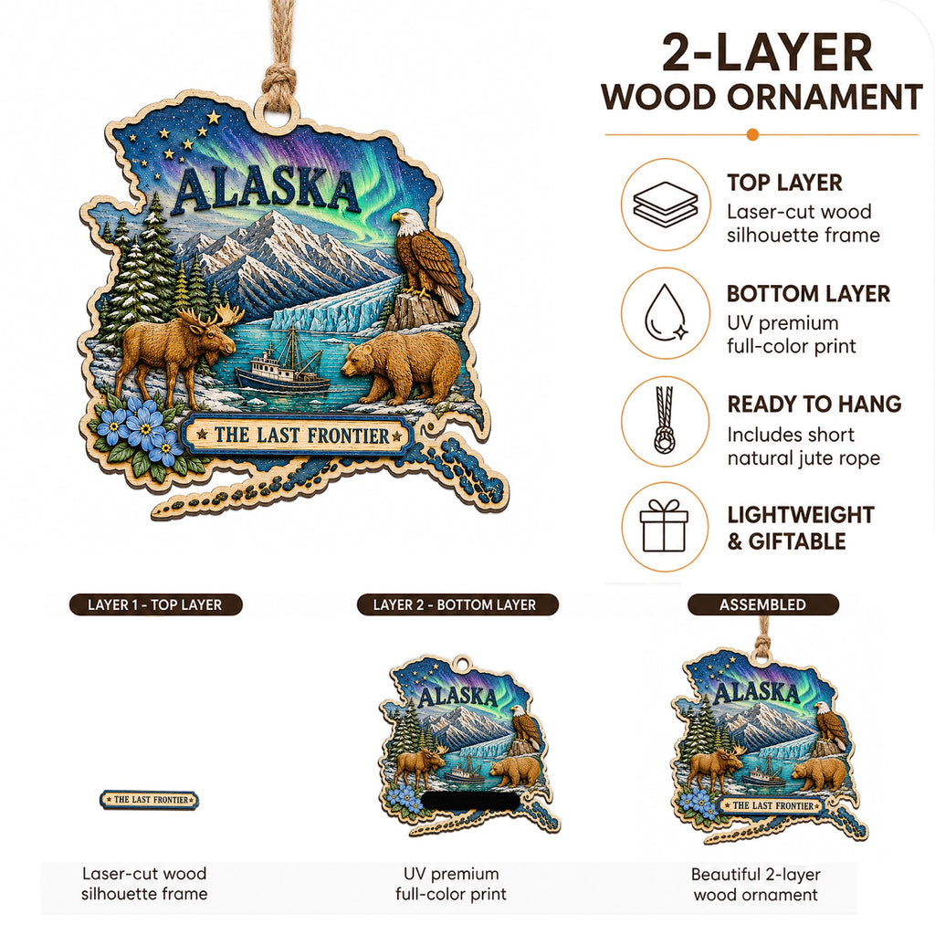 Alaska Christmas Ornament, Northern Lights and Bald Eagle Souvenir Gift, Wood Tree Decoration