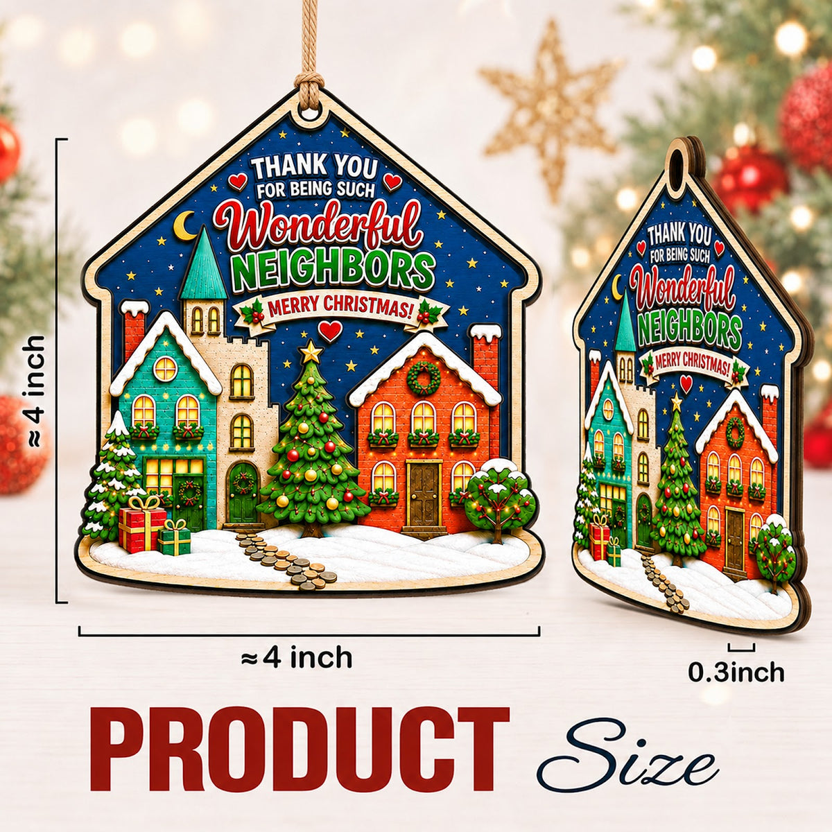 Neighbor Christmas Ornament, Seasonal Thank-You Gift, Wood Hanging Tree Decoration