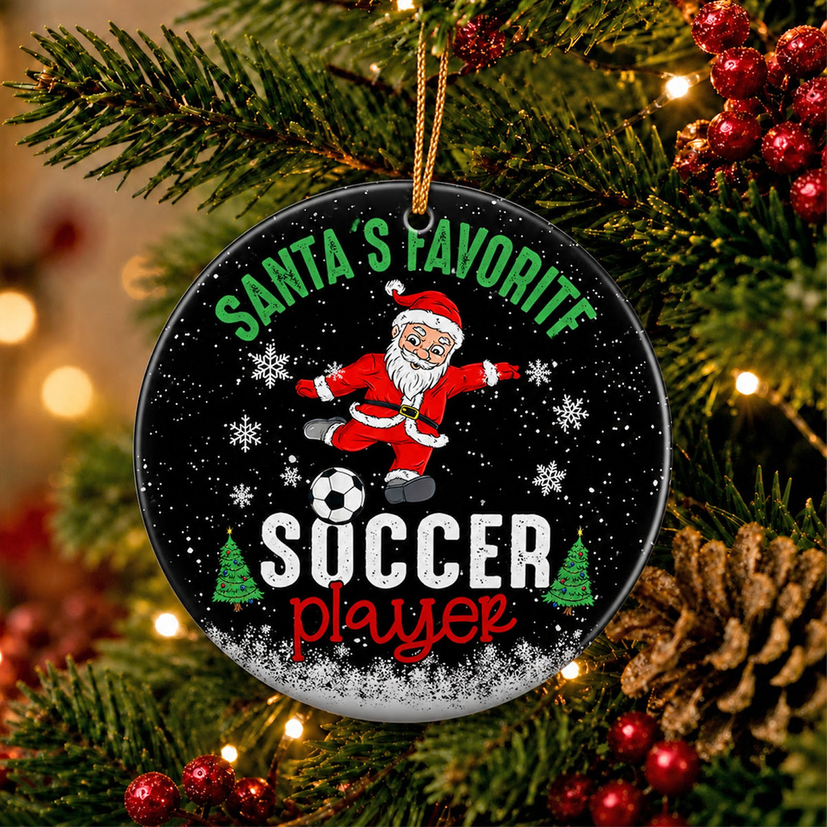 Soccer Christmas Ornament, Santas Favorite Player Gift, Ceramic Hanging Tree Decoration