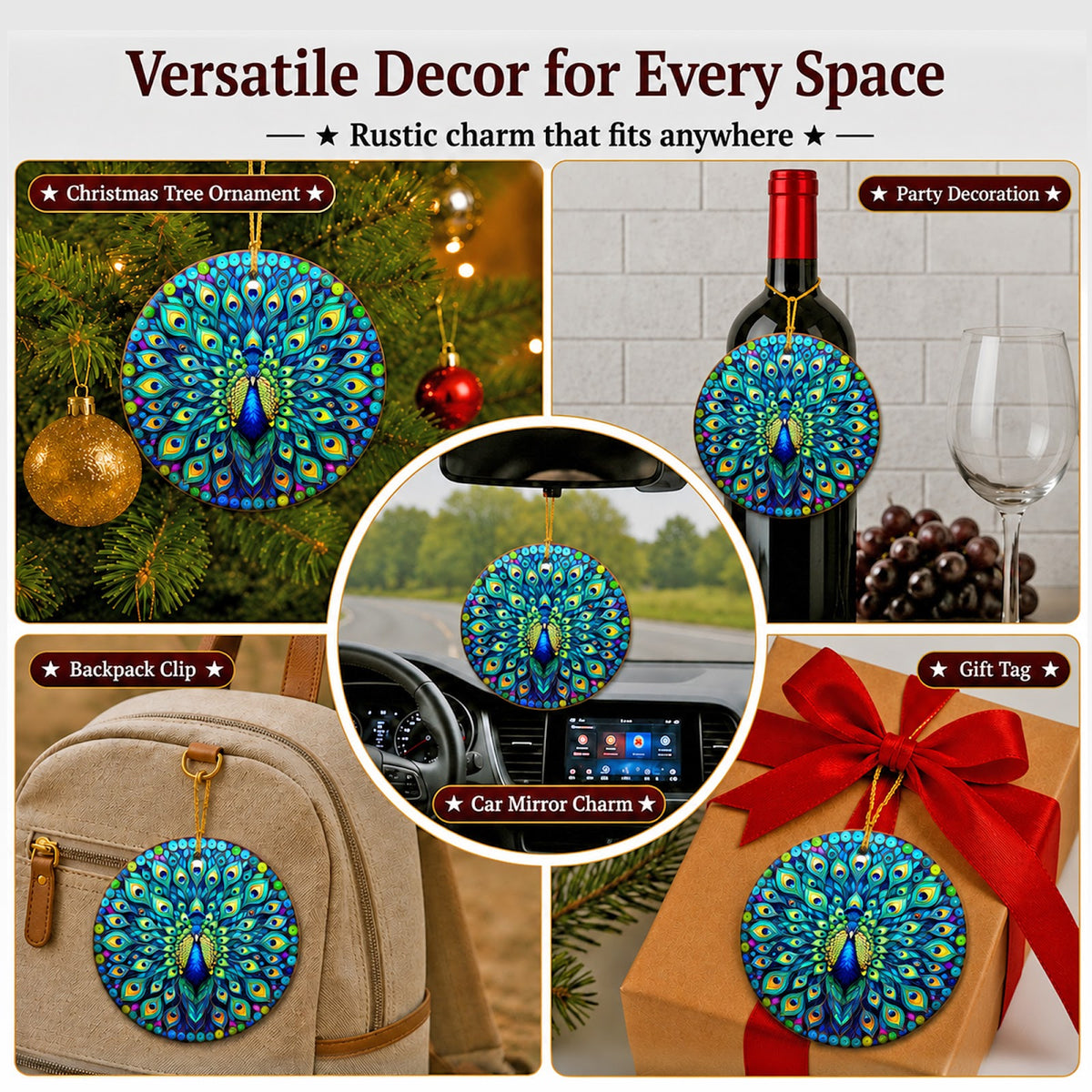 Peacock Christmas Ornament, Jeweled Mosaic Bird Decor Gift, Ceramic Hanging Tree Decoration