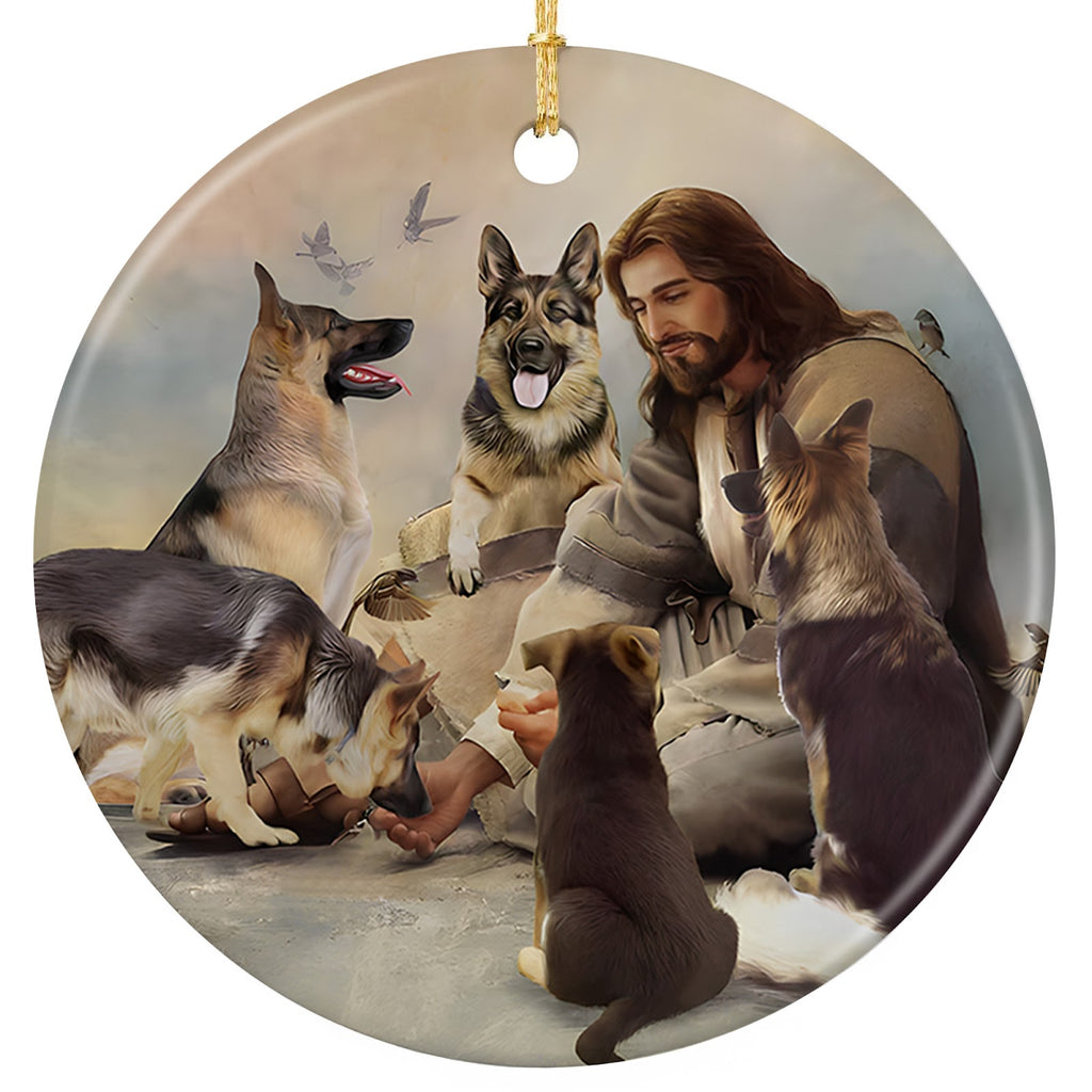 Robed Figure Offering a Hand to a Puppy While Four German Shepherds Gather Around. Ceramic Keepsake.