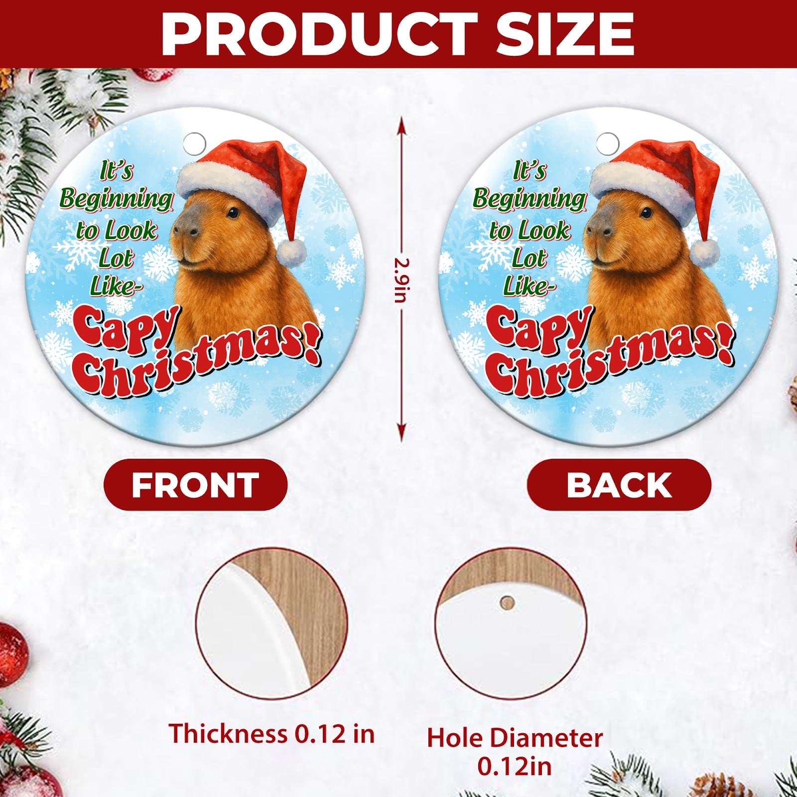 Capybara Christmas Ornament, Funny Santa Hat Pun Gift, Ceramic Hanging Tree Decoration