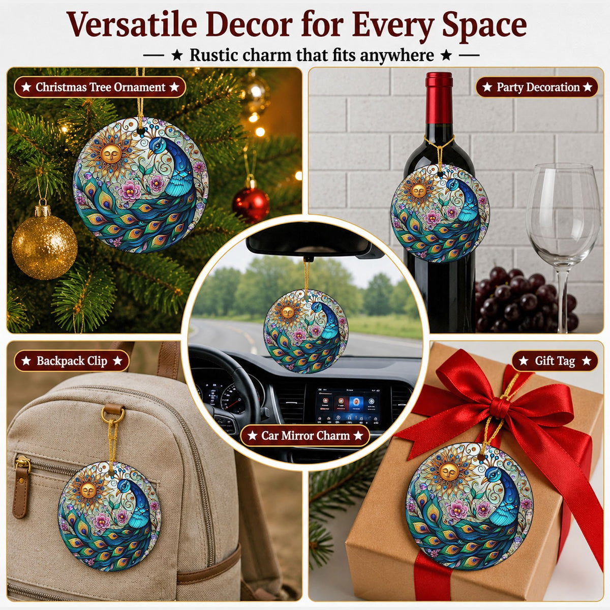 Peacock Christmas Ornament, Stained Glass Sun Boho Gift, Ceramic Hanging Tree Decoration