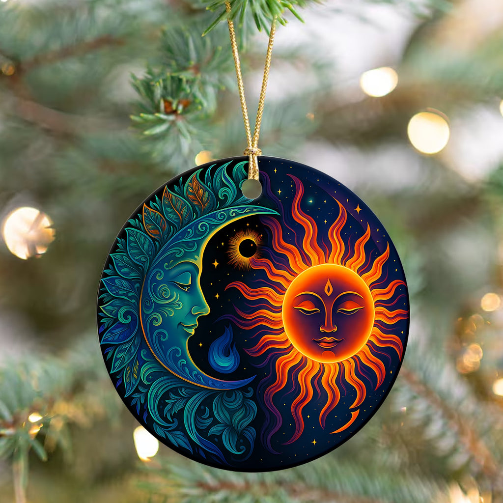 Sun And Moon Christmas Ornament, Celestial Boho Mystical Gift, Ceramic Hanging Tree Decoration