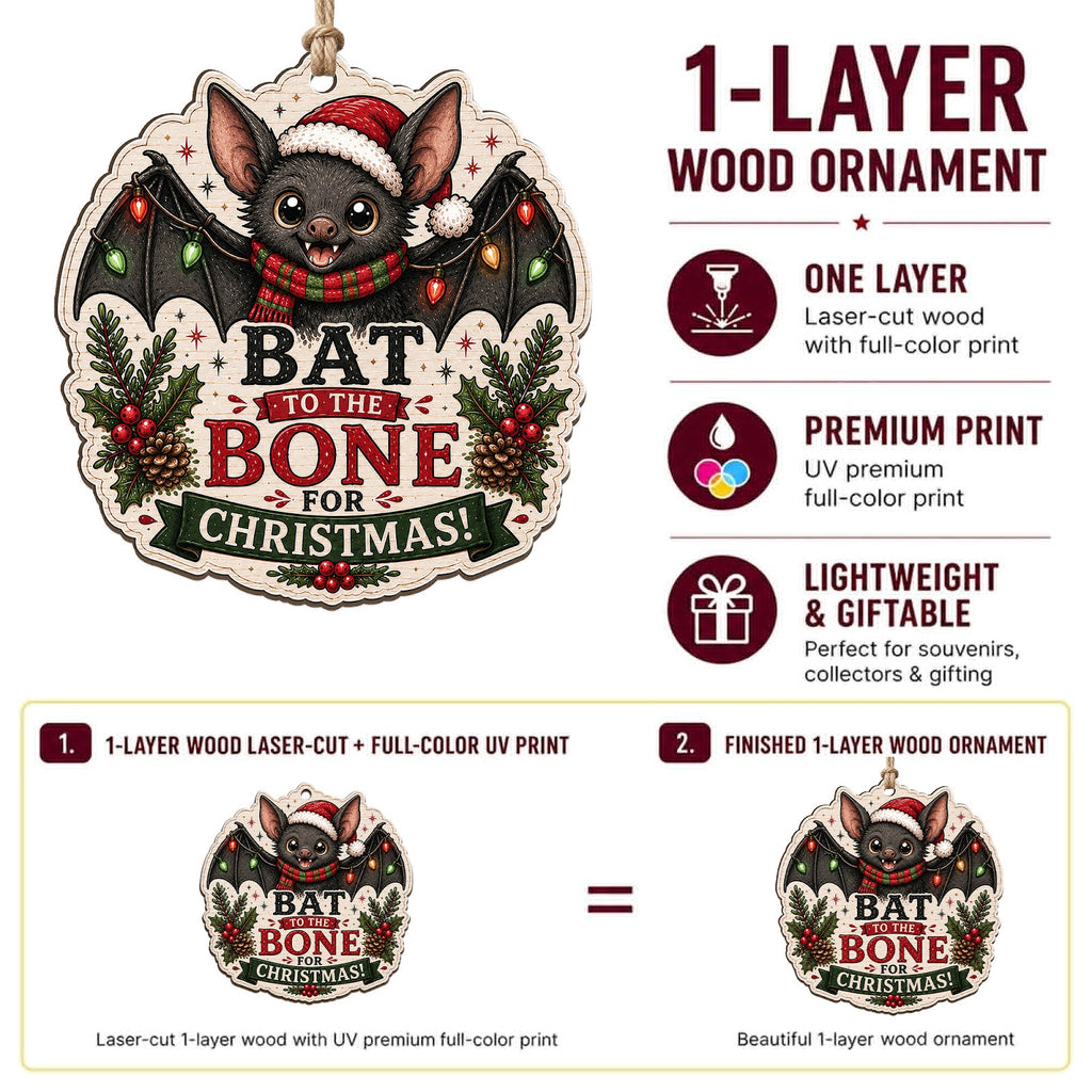 Bat Christmas Ornament, Stocking Stuffer For Unique Animal Fan, Wood Hanging Tree Decoration