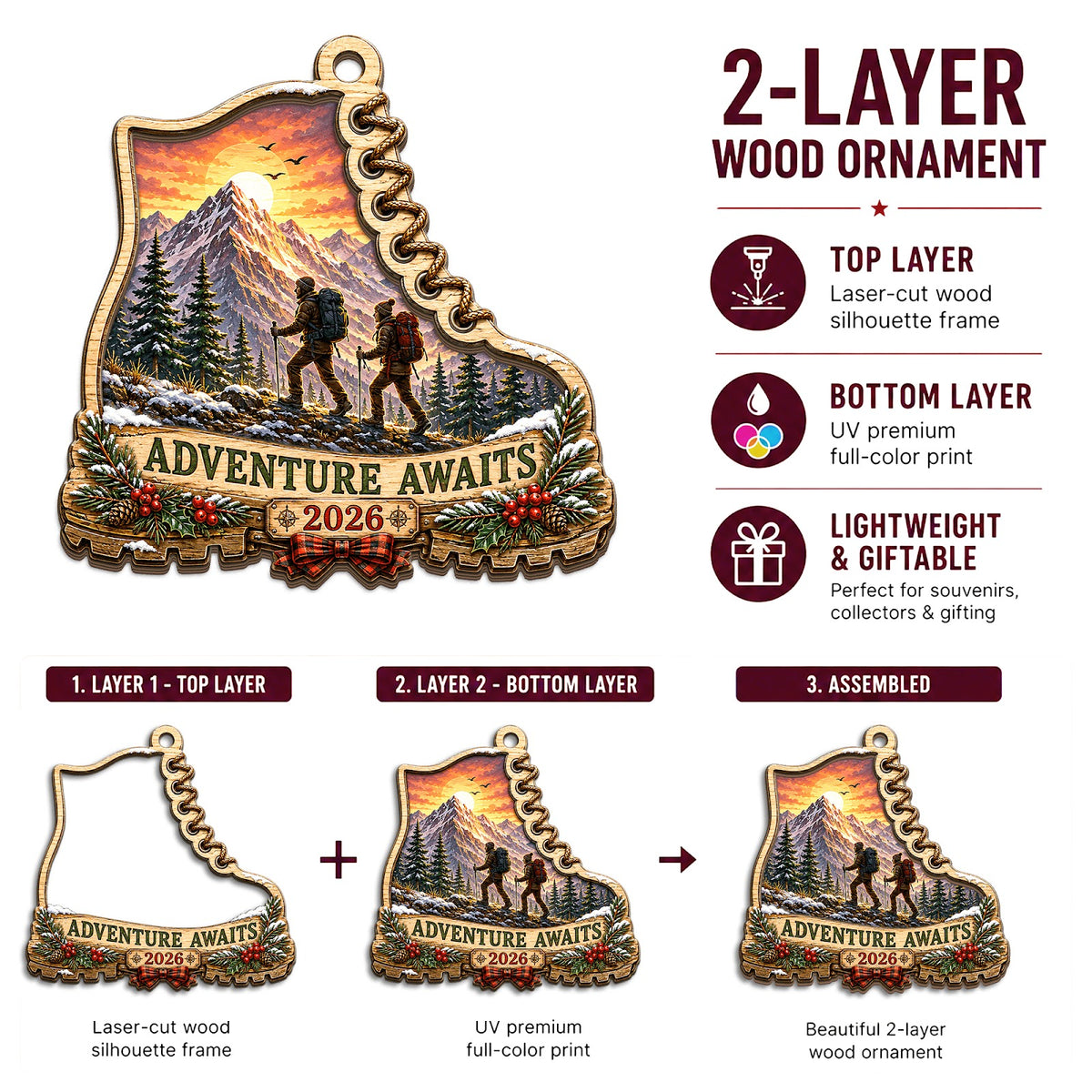 Hiking Mountain Trail Adventure Christmas Ornament, Stocking Stuffer For Hiker, Wood Ornament