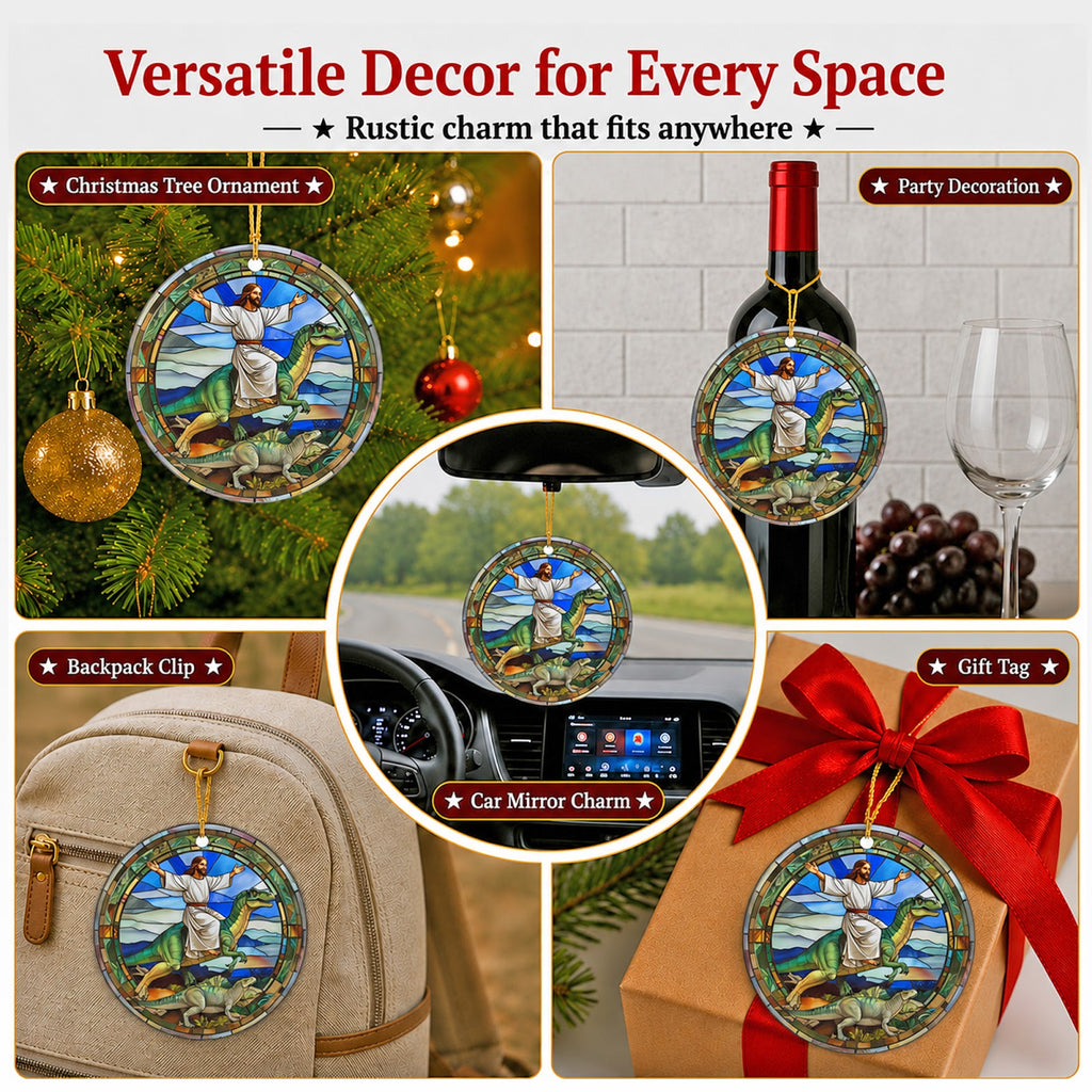 Dinosaur Christmas Ornament, Stained Glass Faith Novelty Gift, Ceramic Hanging Tree Decoration
