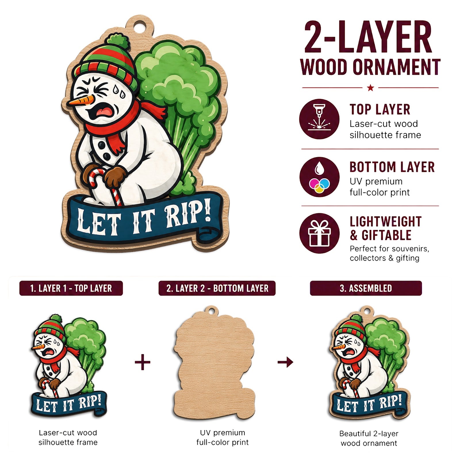 Let It Rip Funny Novelty Humor Christmas Ornament, Potty Humor Keepsake, Wood Tree Decoration