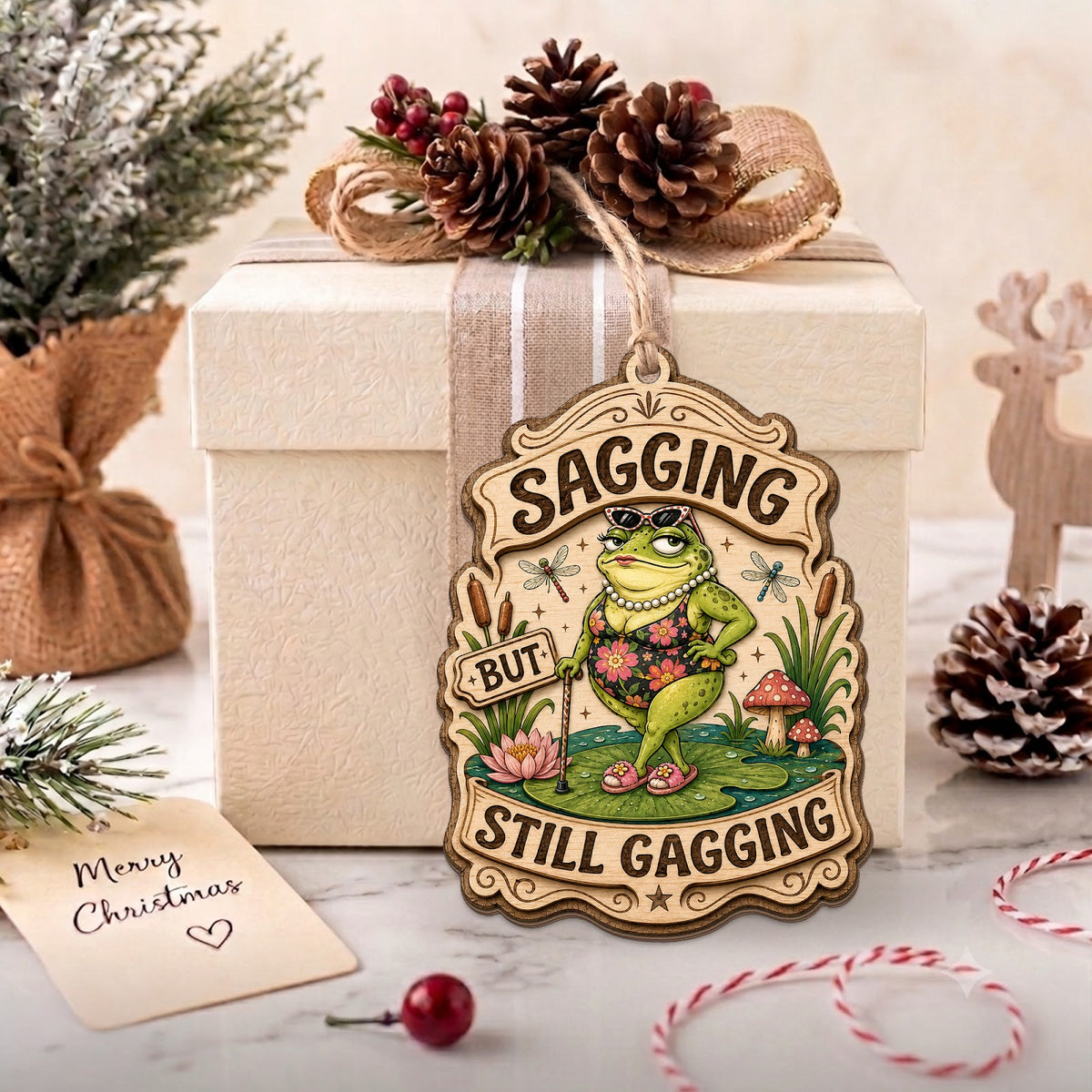 Frog Christmas Ornament, Stocking Stuffer For Amphibian Fan, Wood Hanging Tree Decoration