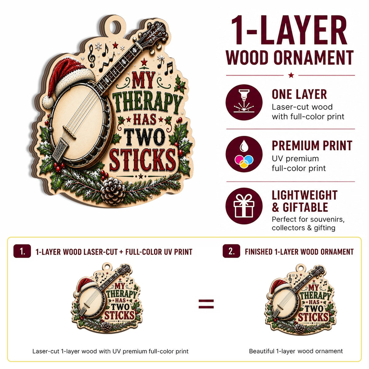Banjo Christmas Ornament, Stocking Stuffer For Country Music Fan, Wood Hanging Tree Decoration