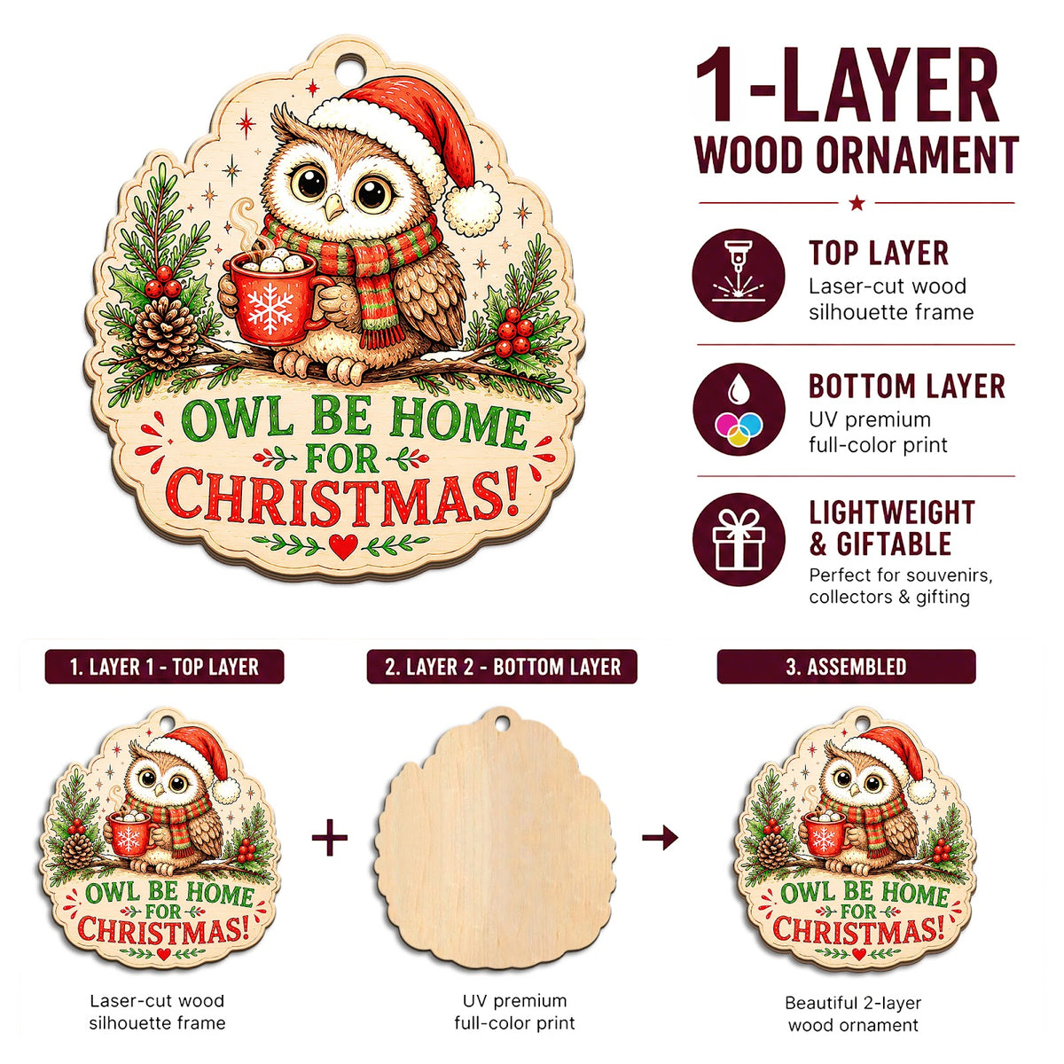 Owl Christmas Ornament, Stocking Stuffer For Bird Watcher, Wood Hanging Tree Decoration