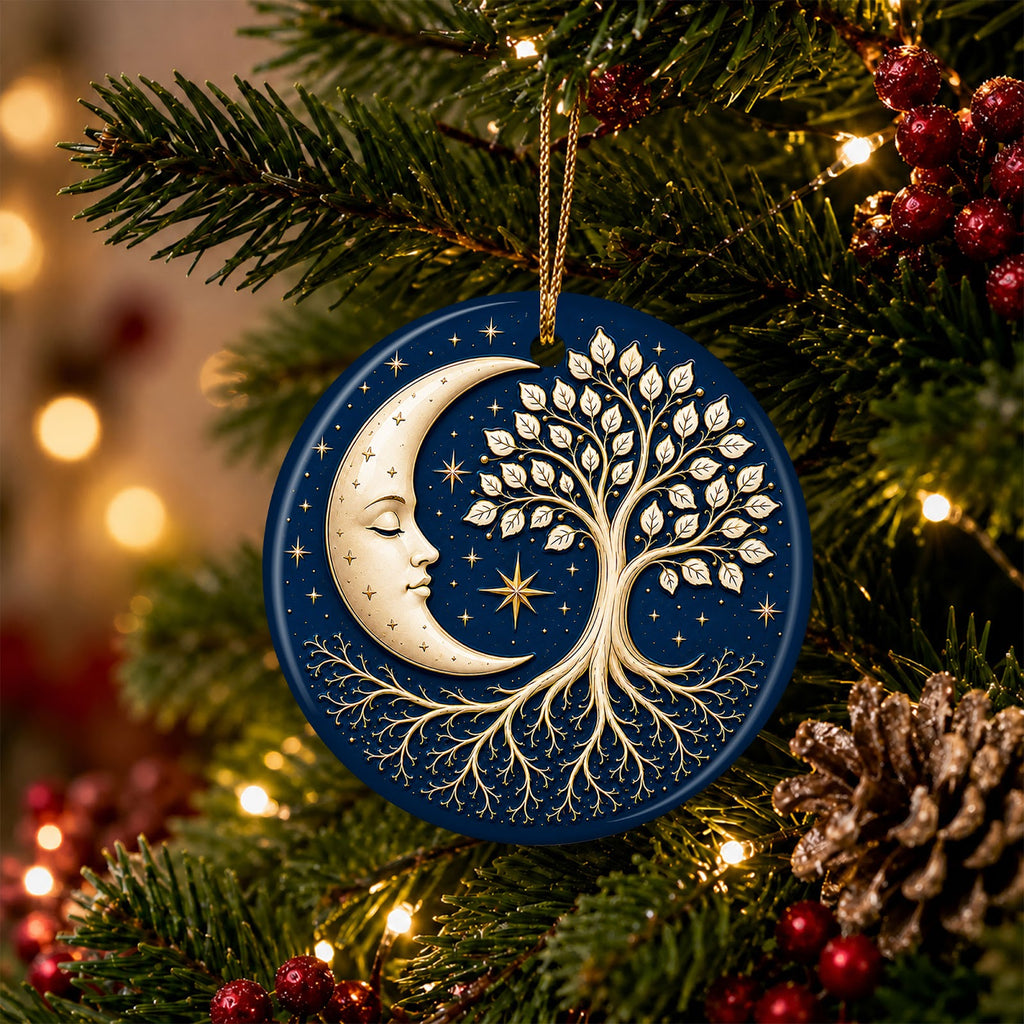 Tree of Life Moon Christmas Ornament, Celestial Boho Gift, Ceramic Hanging Tree Decoration