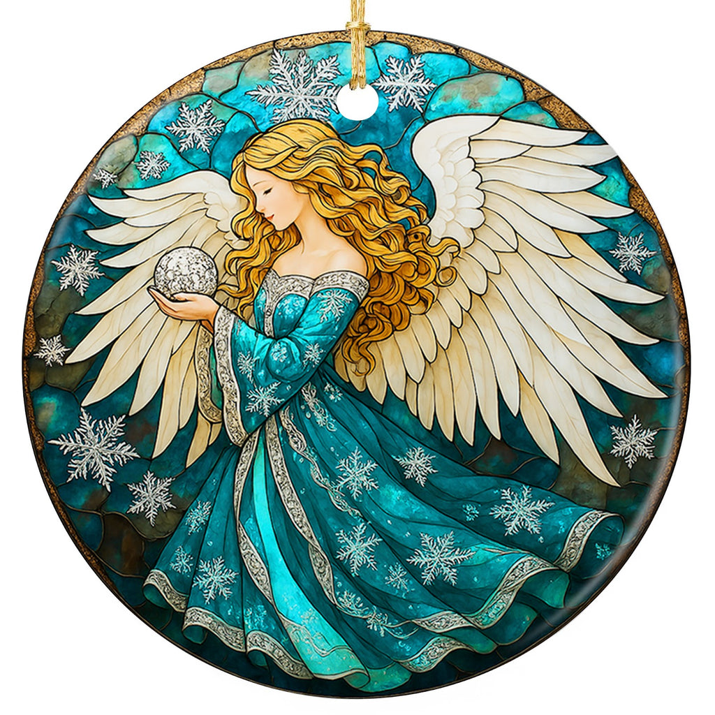 Golden Haired Angel in a Teal Snowflake Gown Cradling a Glowing Orb. Ceramic Keepsake for Angel Collectors.
