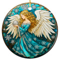 Golden Haired Angel in a Teal Snowflake Gown Cradling a Glowing Orb. Ceramic Keepsake for Angel Collectors.