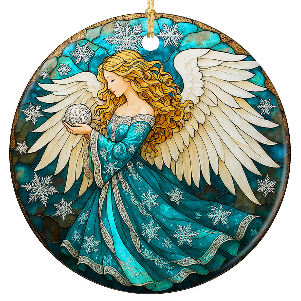 Golden Haired Angel in a Teal Snowflake Gown Cradling a Glowing Orb. Ceramic Keepsake for Angel Collectors.