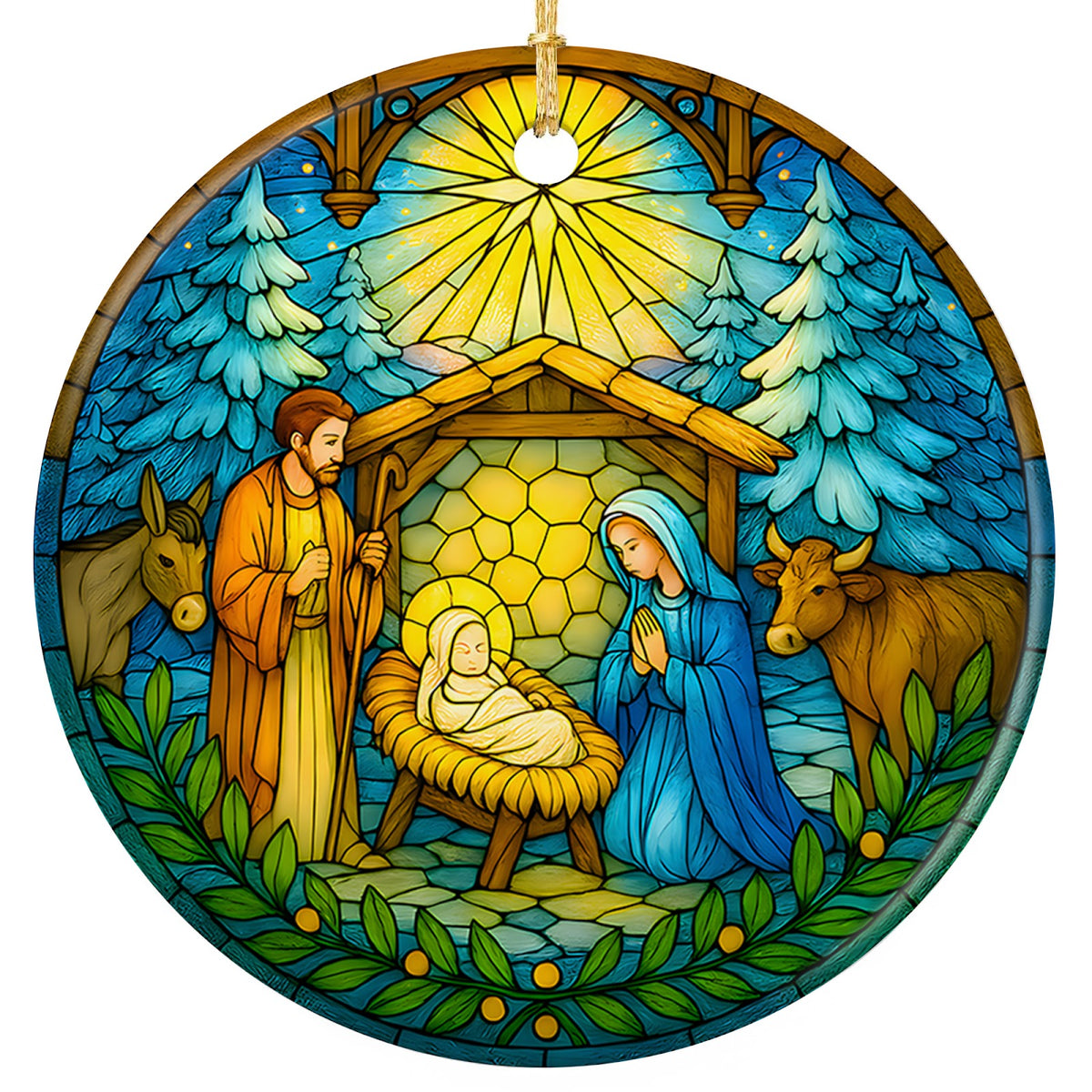 Mary, Joseph and the Manger in a Rustic Stable Under a Golden Star. Ceramic Keepsake for Christian Homes.
