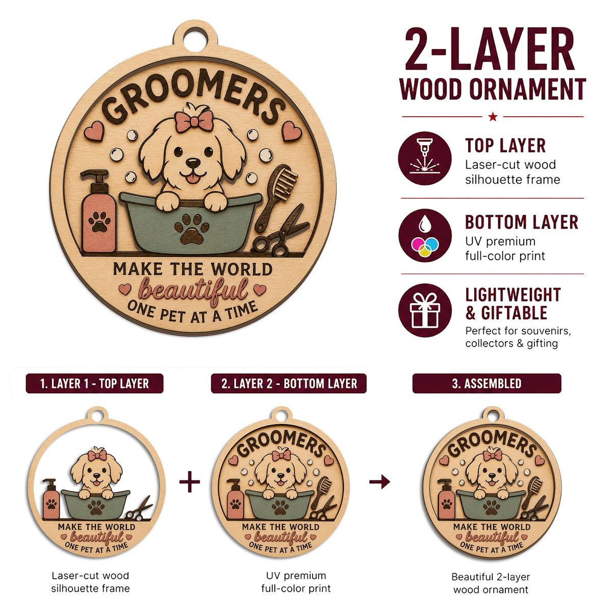 Pet Groomer Wood Christmas Ornament