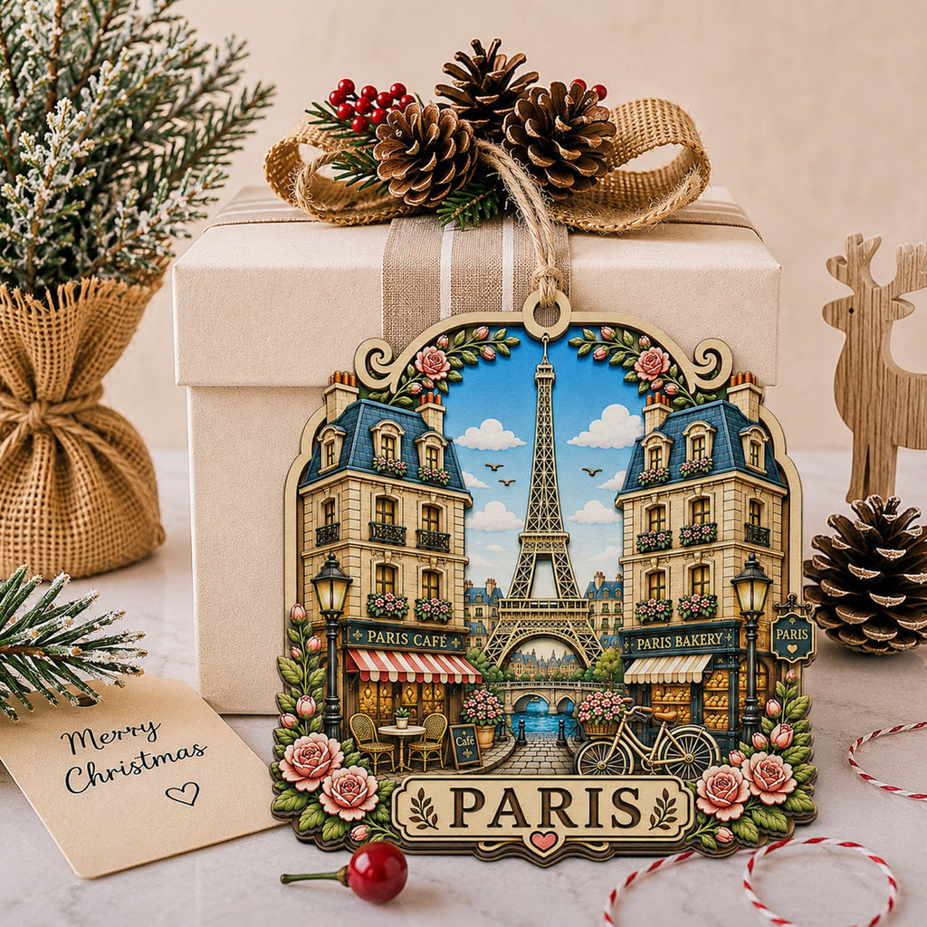 Paris Christmas Ornament, France Eiffel Tower Skyline Souvenir Gift, Wood Tree Decoration