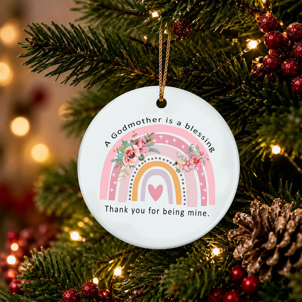Godmother Christmas Ornament, Boho Rainbow Baptism Gift, Ceramic Hanging Tree Decoration