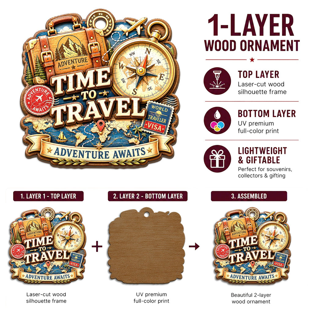 Time To Travel Explore World Christmas Ornament, Stocking Stuffer For Explorer, Wood Ornament