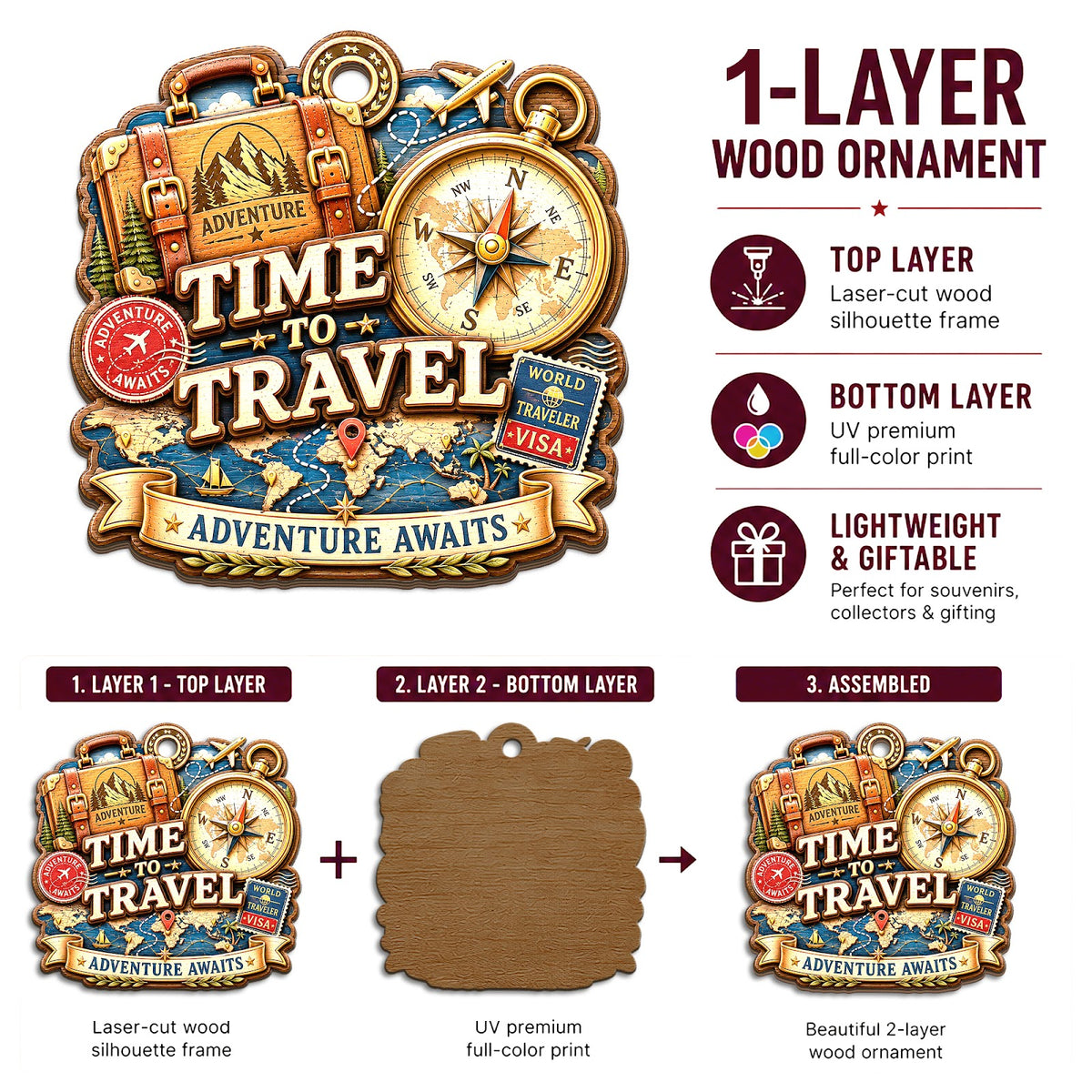Time To Travel Explore World Christmas Ornament, Stocking Stuffer For Explorer, Wood Ornament