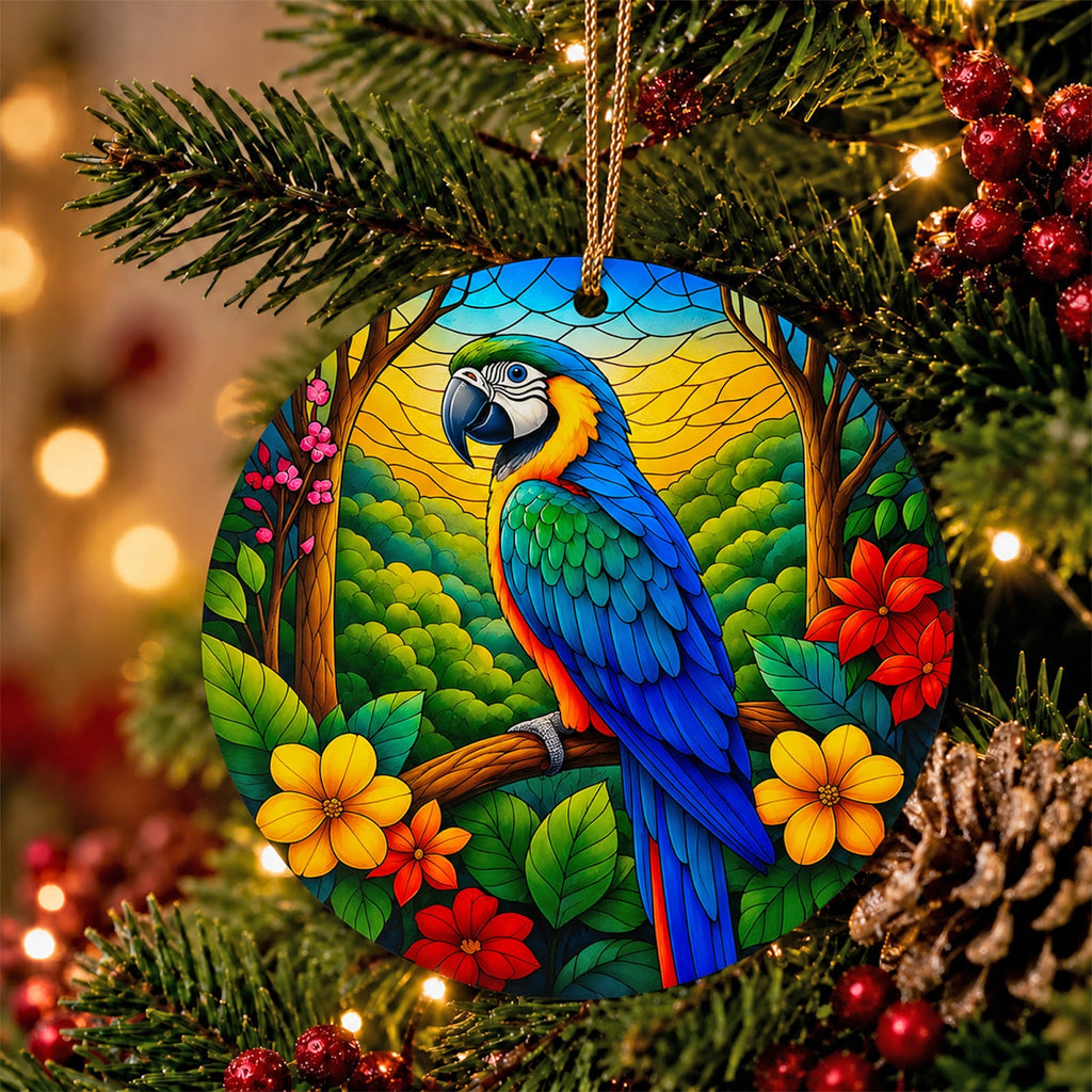 Parrot Christmas Ornament, Stained Glass Macaw Bird Gift, Ceramic Hanging Tree Decoration