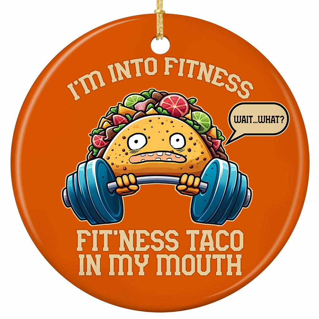 A Wide-Eyed Taco Straining Under a Loaded Barbell on Burnt Orange. Ceramic Gag Keepsake for Gym Goers.