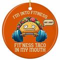 A Wide-Eyed Taco Straining Under a Loaded Barbell on Burnt Orange. Ceramic Gag Keepsake for Gym Goers.