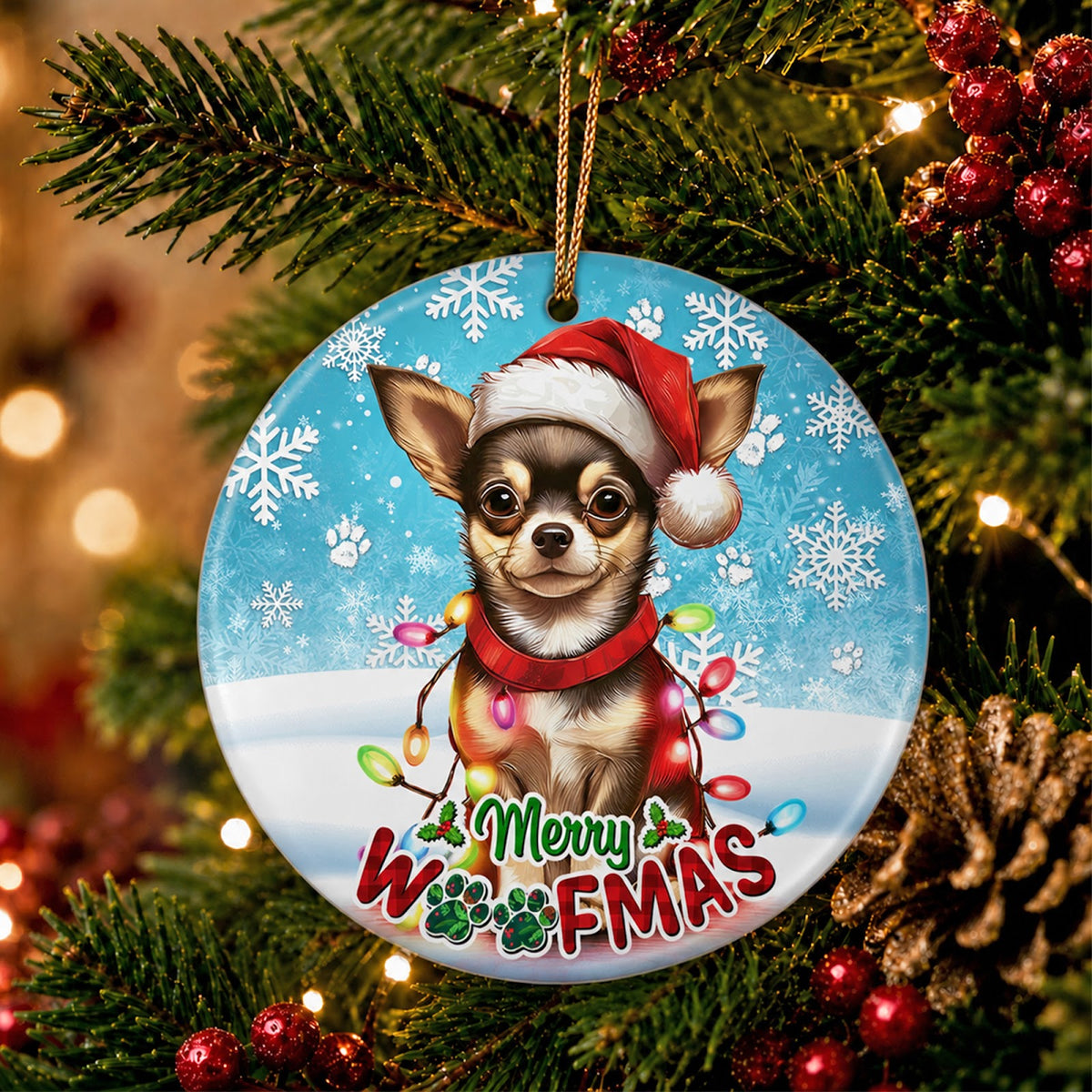 Chihuahua Christmas Ornament, Merry Woofmas Dog Gift, Ceramic Hanging Tree Decoration
