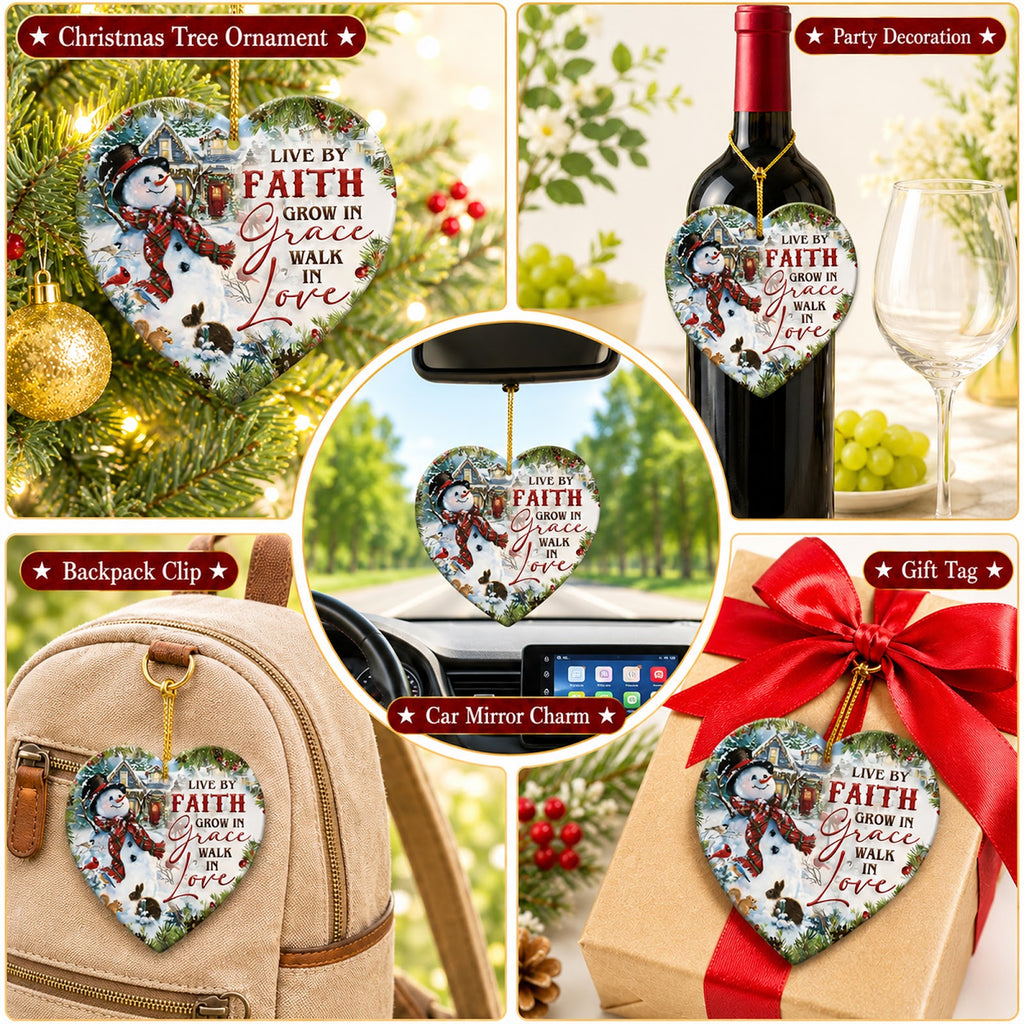 Faith Christmas Ornament, Snowman Live By Faith Gift, Ceramic Hanging Tree Decoration