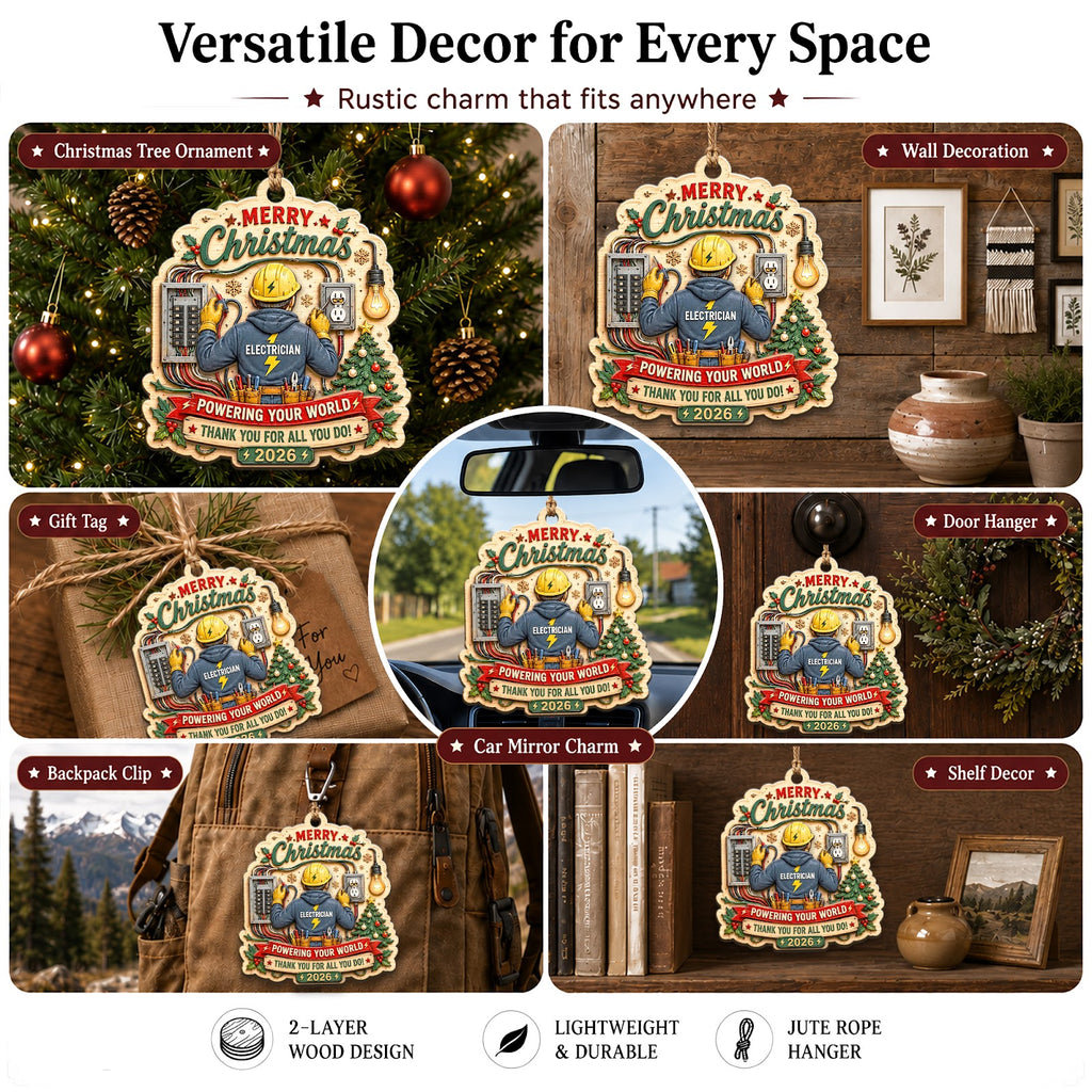 Electrician Christmas Ornament, Stocking Stuffer For Electrician, Wood Hanging Tree Decoration