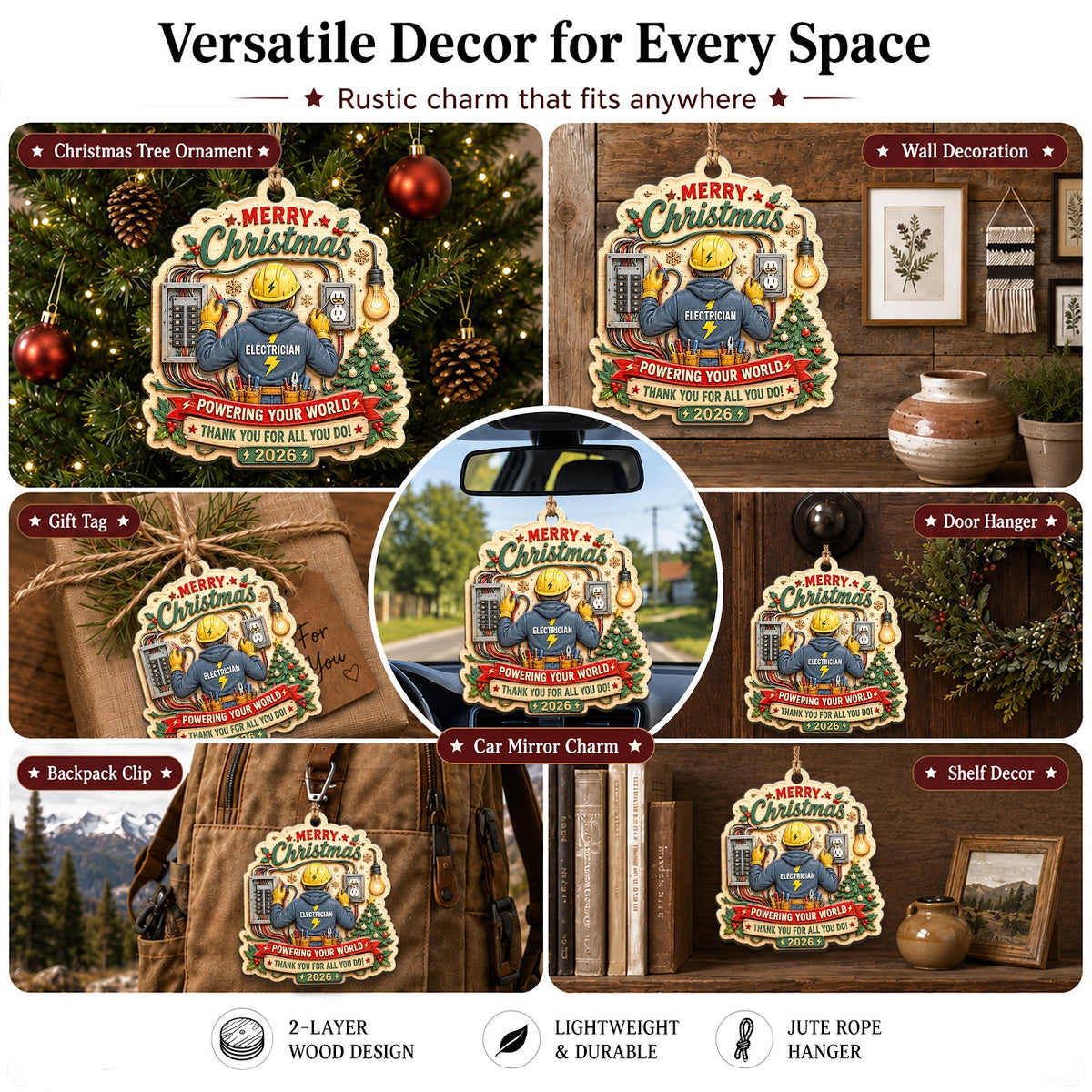 Electrician Christmas Ornament, Stocking Stuffer For Electrician, Wood Hanging Tree Decoration