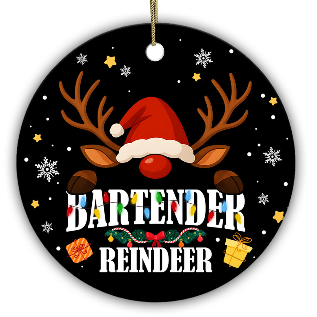 Antlers, a Red Nose and a Garland of Bulb Lights. Ceramic Keepsake for Bartenders and Bar Staff.