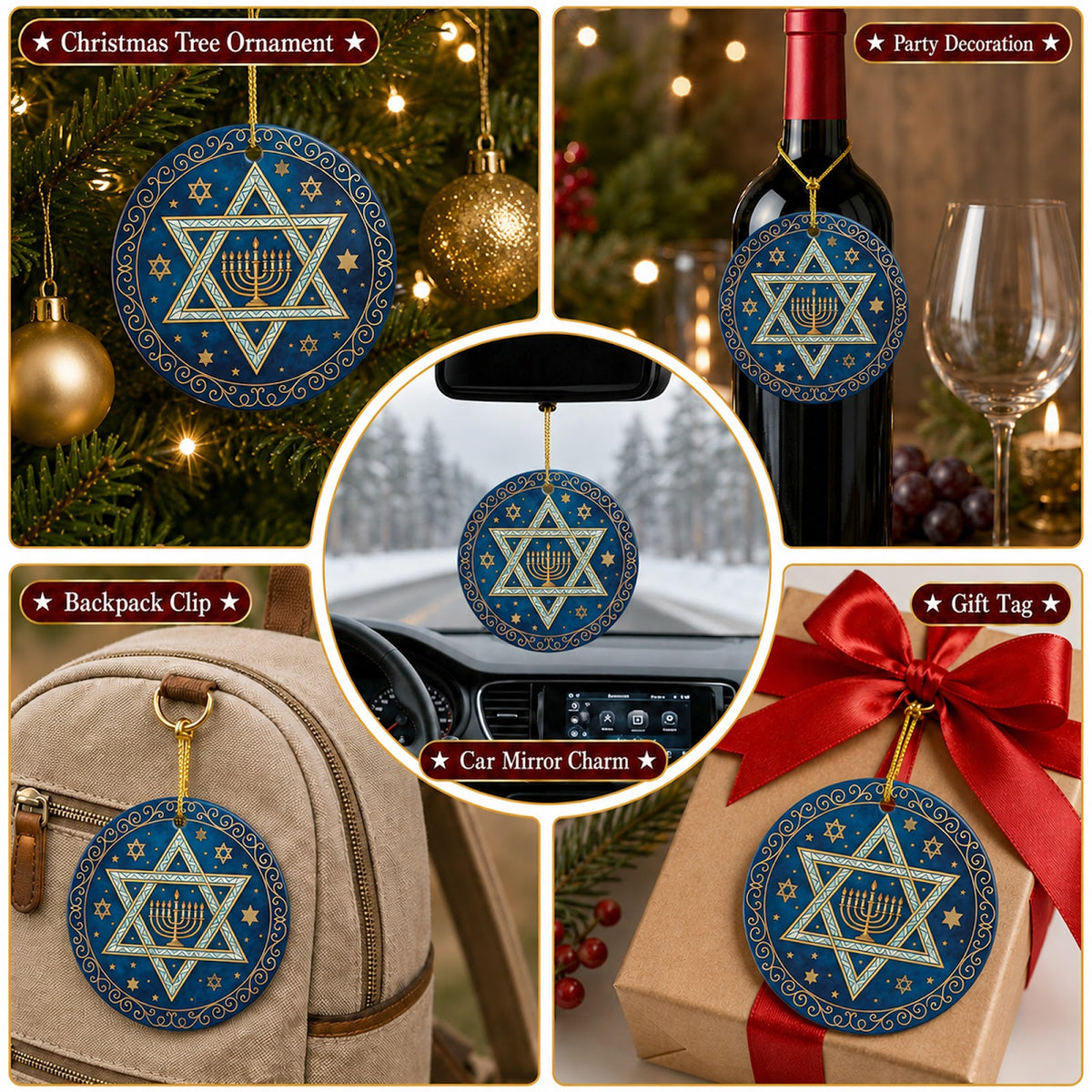 Hanukkah Christmas Ornament, Star Of David Menorah Jewish Gift, Ceramic Hanging Tree Decoration