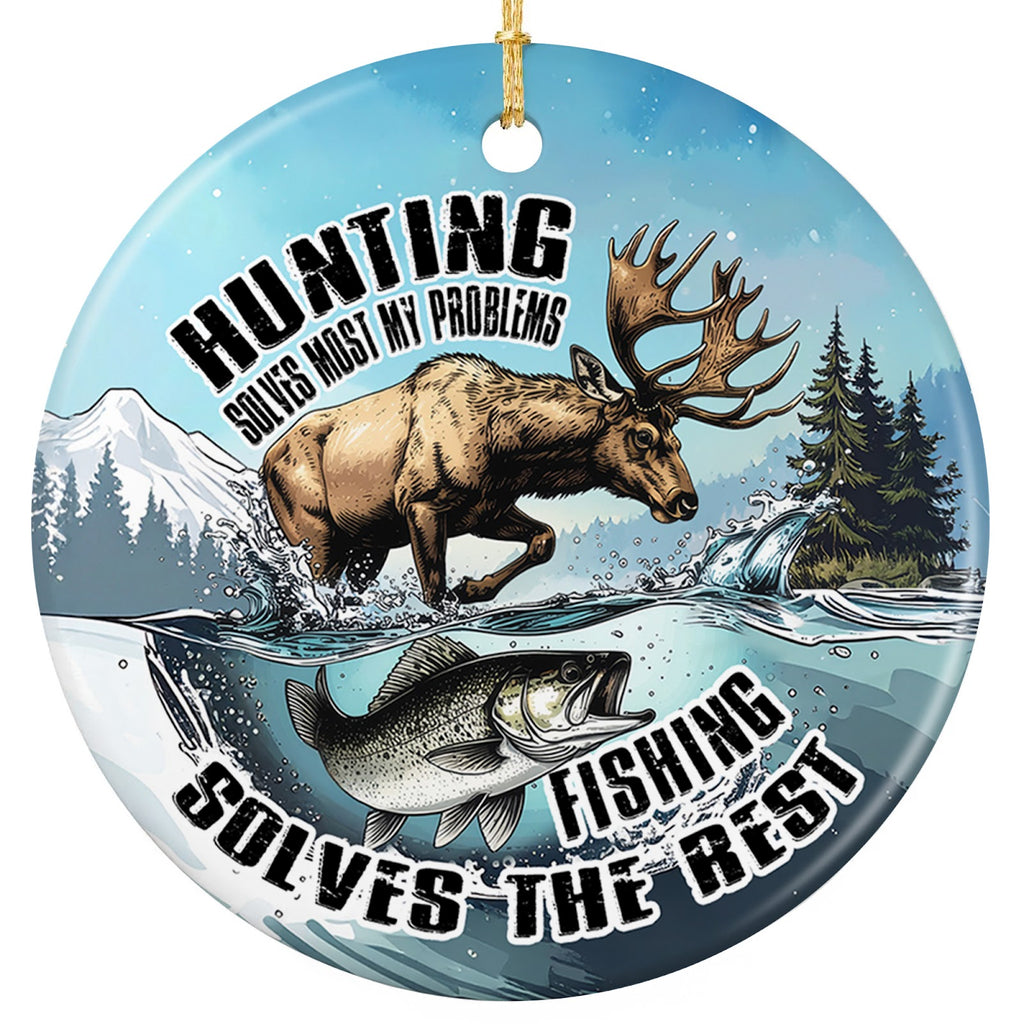 Brown Moose Splashing From Icy Water With a Leaping Trout and a Wry Line. Ceramic Keepsake for Outdoorsmen.