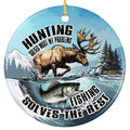 Brown Moose Splashing From Icy Water With a Leaping Trout and a Wry Line. Ceramic Keepsake for Outdoorsmen.
